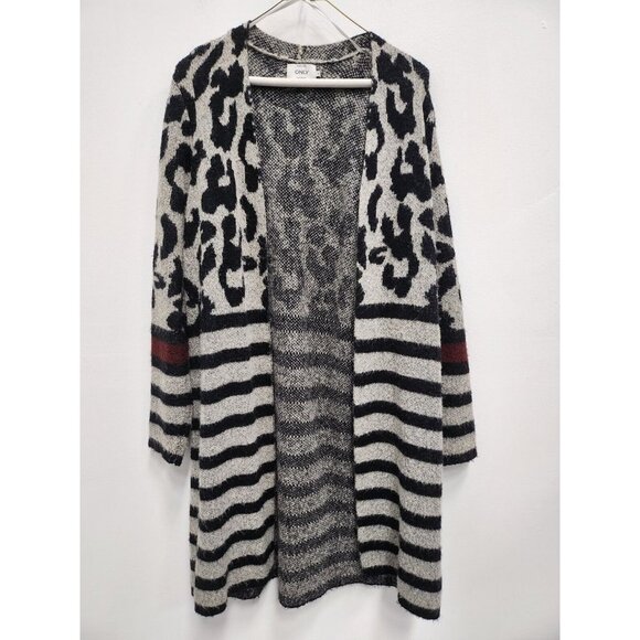 Only Our Story Womens Cardigan Medium Black Gray Animal Print Longline Sweater - Picture 1 of 7